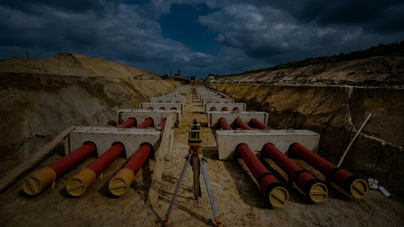 Baugrube mit roten Rohrleitungen, Betonlagern und Vermessungsgerät im Vordergrund